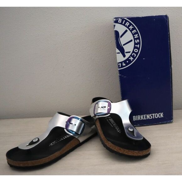 Birkenstock Women's EUR 37 US 6 Metallic Silver Leather Gizeh Big Buckle Sandals - Picture 1 of 15